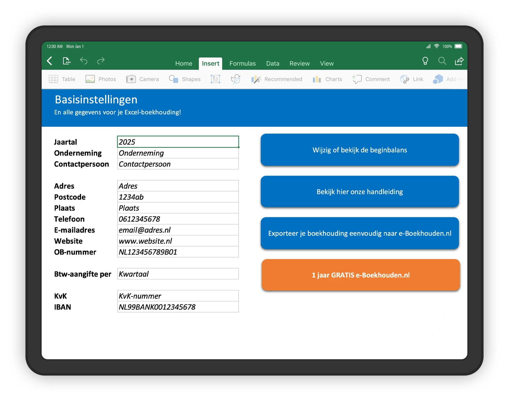 Basisinstellingen Excel-boekhouden